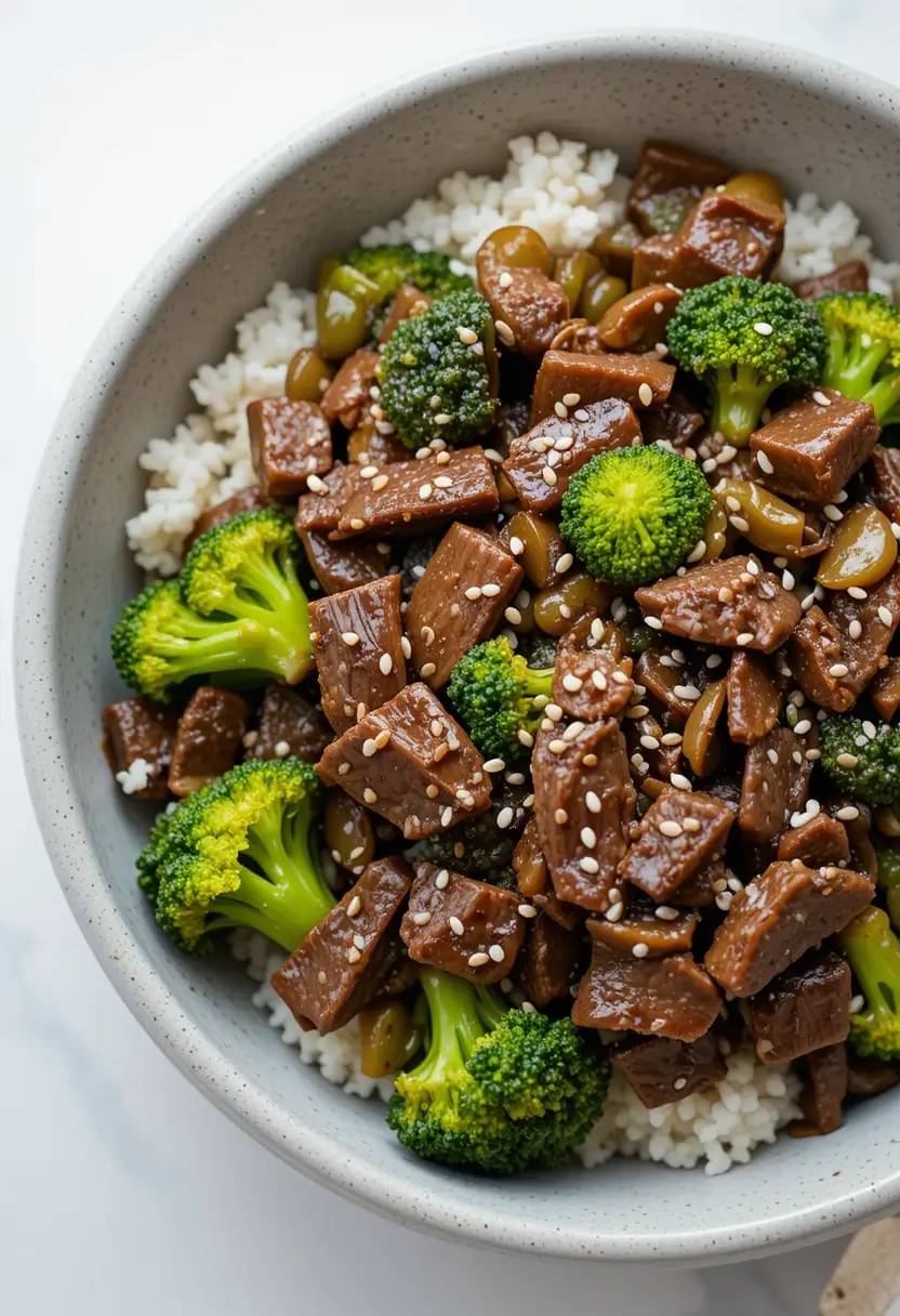 A close-up of a rice bowl with savory vegan beef strips, steamed broccoli florets, and sesame seeds in a rich sauce.