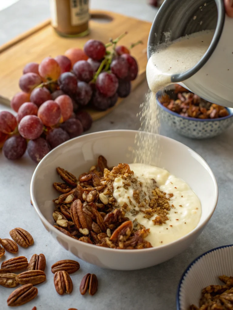 Sprinkling toasted pecans on Chicken Salad Chick grape salad recipe for perfect crunch