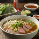 Authentic beef pho recipe in white bowl with golden broth, rice noodles, rare beef slices, fresh herbs, and rising steam on wooden table
