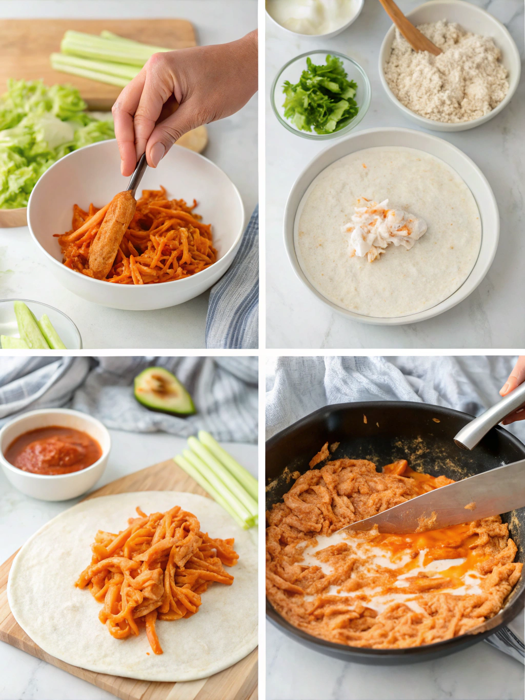 Complete 7-step visual guide showing how to make buffalo chicken wraps from mixing ingredients to cutting finished wrap diagonally