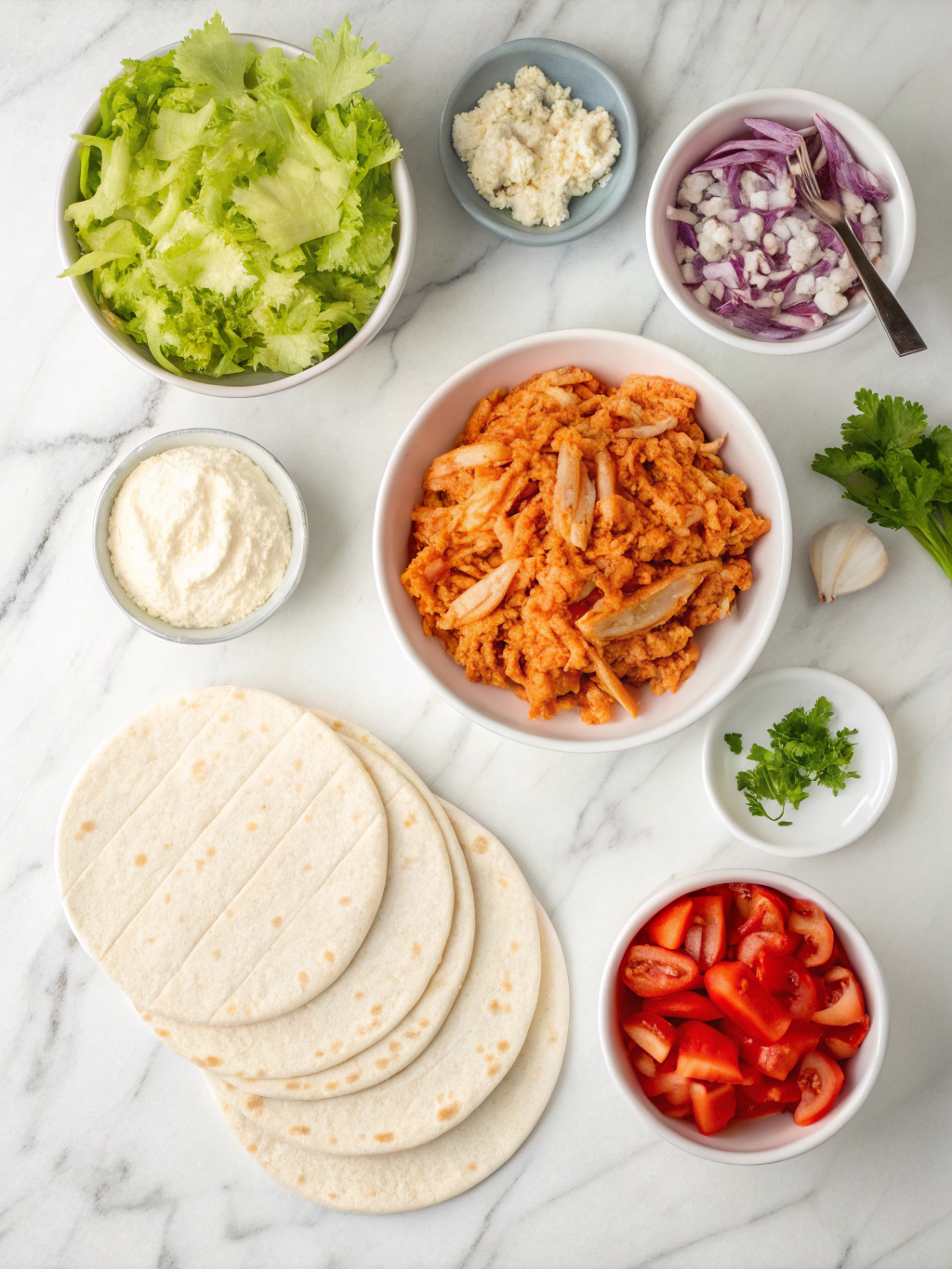 Buffalo chicken wrap ingredients arranged on white marble countertop including shredded chicken, buffalo sauce, cream cheese, fresh lettuce, celery, cherry tomatoes, red onions, blue cheese crumbles, and flour tortillas