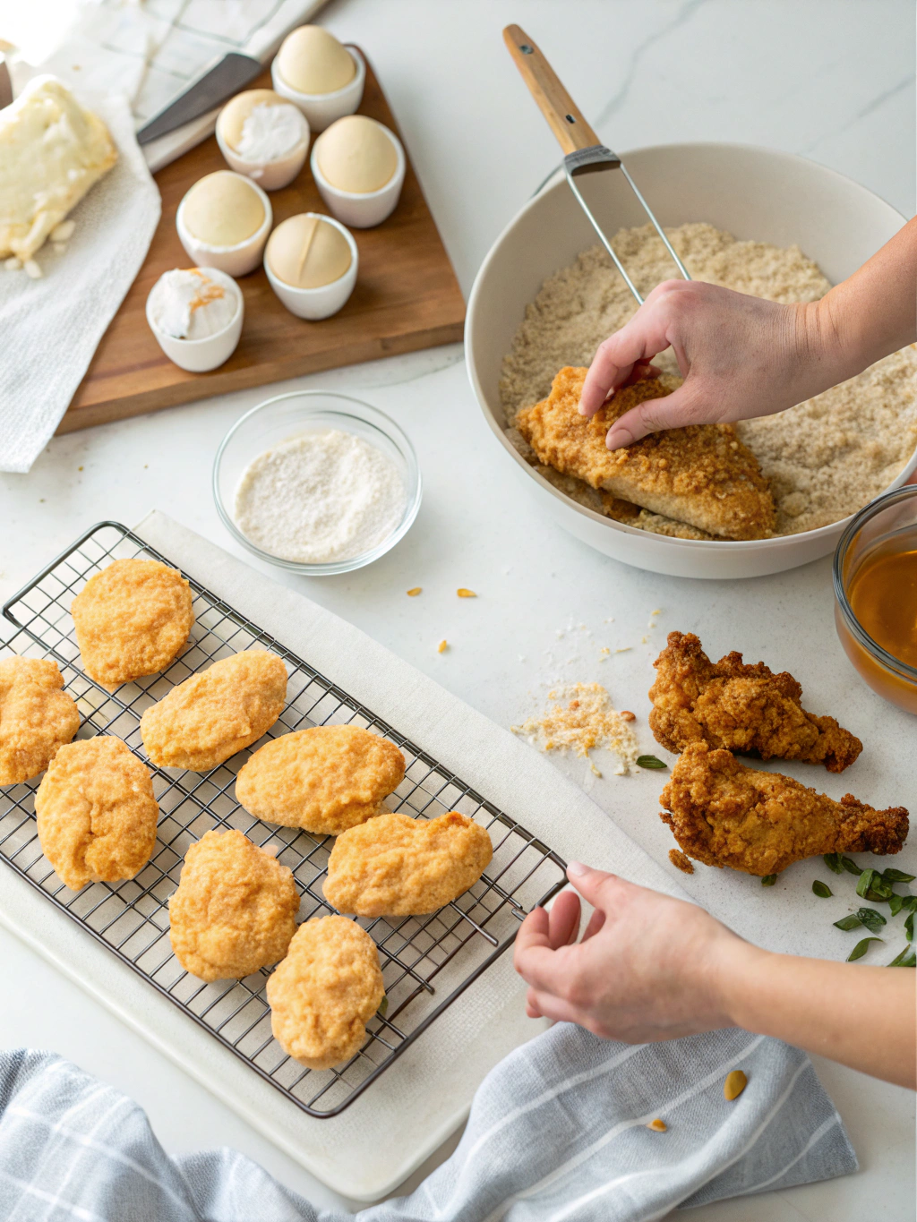 Step-by-step chicken biscuit recipe process showing biscuit dough preparation, breaded chicken, and cooking stages