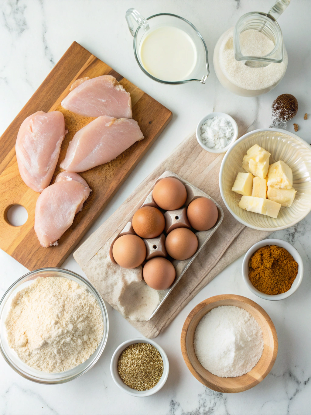 Chicken biscuit recipe ingredients arranged on marble counter including raw chicken, flour, buttermilk, spices and breading materials for 12 golden bites