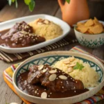 Two chicken mole recipe variations on plates - chocolate mole and almond mole served with rice and tortillas