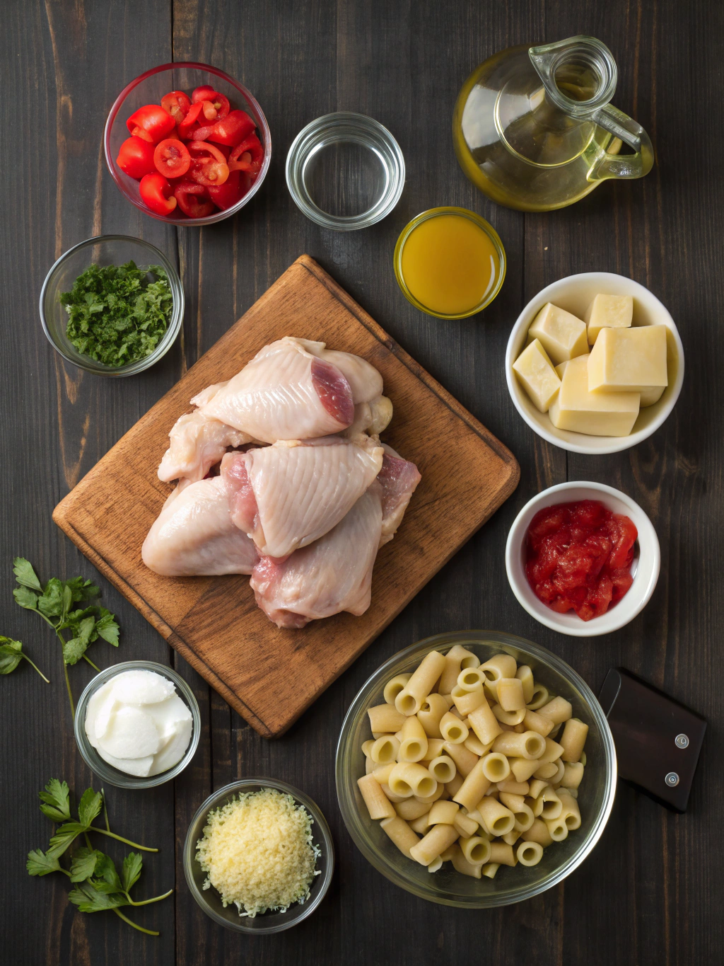 Complete chicken riggies recipe ingredients laid out including rigatoni pasta, chicken thighs, cherry peppers, and creamy sauce components