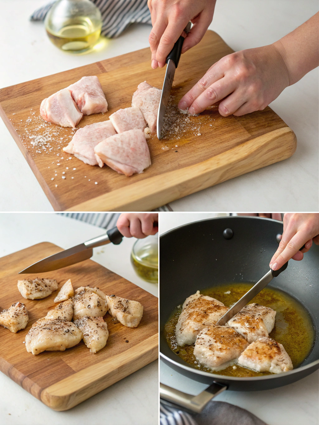 Chicken riggies recipe step showing chicken thighs being cut and seared golden brown in skillet for authentic preparation
