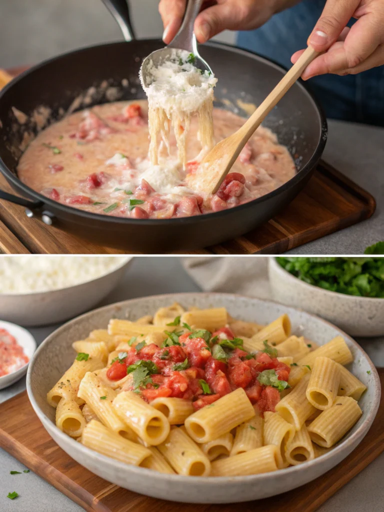 Final chicken riggies recipe assembly showing cream being added to sauce and rigatoni pasta being tossed with finished sauce