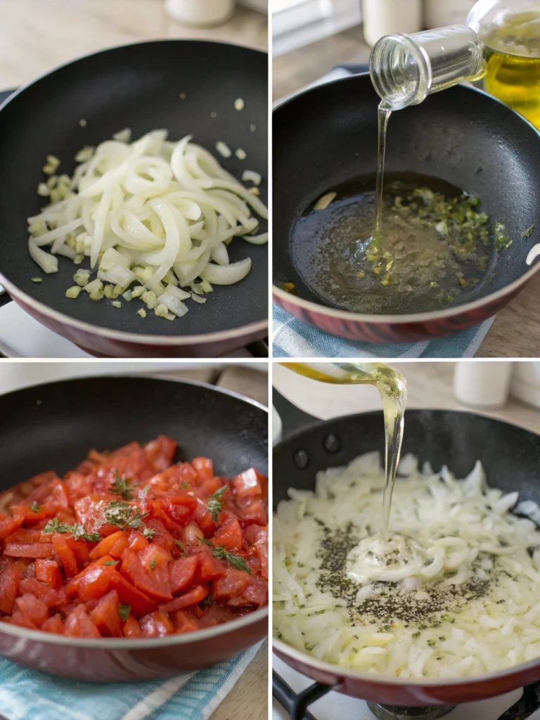 Chicken riggies recipe sauce preparation showing onions, garlic, wine deglazing, and tomato base development in skillet