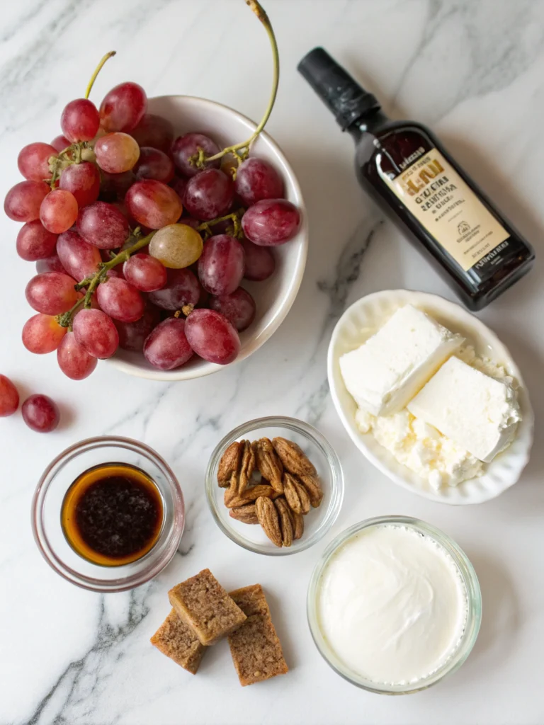 Flat lay arrangement of grape salad ingredients on white marble countertop: bunch of fresh red grapes, block of cream cheese, container of sour cream, brown sugar in glass bowl, vanilla extract bottle, toasted pecans in small dish, professional food styling, bright natural light