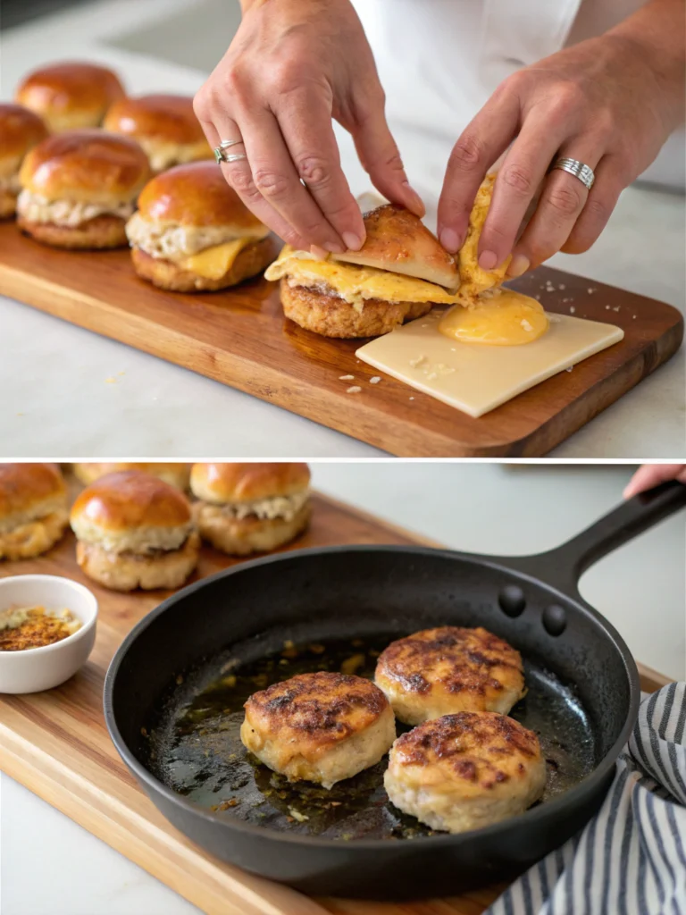 Step-by-step chicken slider preparation showing patty formation, cooking in skillet, and final assembled sliders