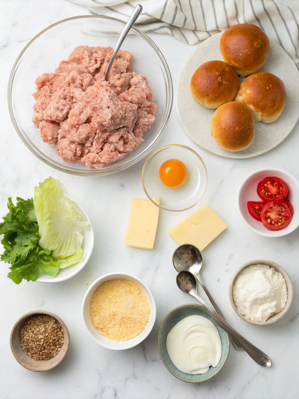 Organized flat lay of chicken slider ingredients including ground chicken, spices, slider buns, cheese, and vegetables on white marble surface