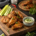 Golden crispy chicken wings coated in herb-infused cowboy butter on wooden serving board with fresh parsley garnish