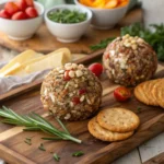 Two dried beef cheese balls coated in nuts on wooden serving board with crackers and vegetables for party appetizer recipe