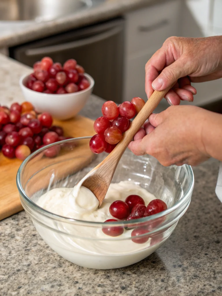 Gently folding fresh grapes into cream base for Chicken Salad Chick grape salad recipe