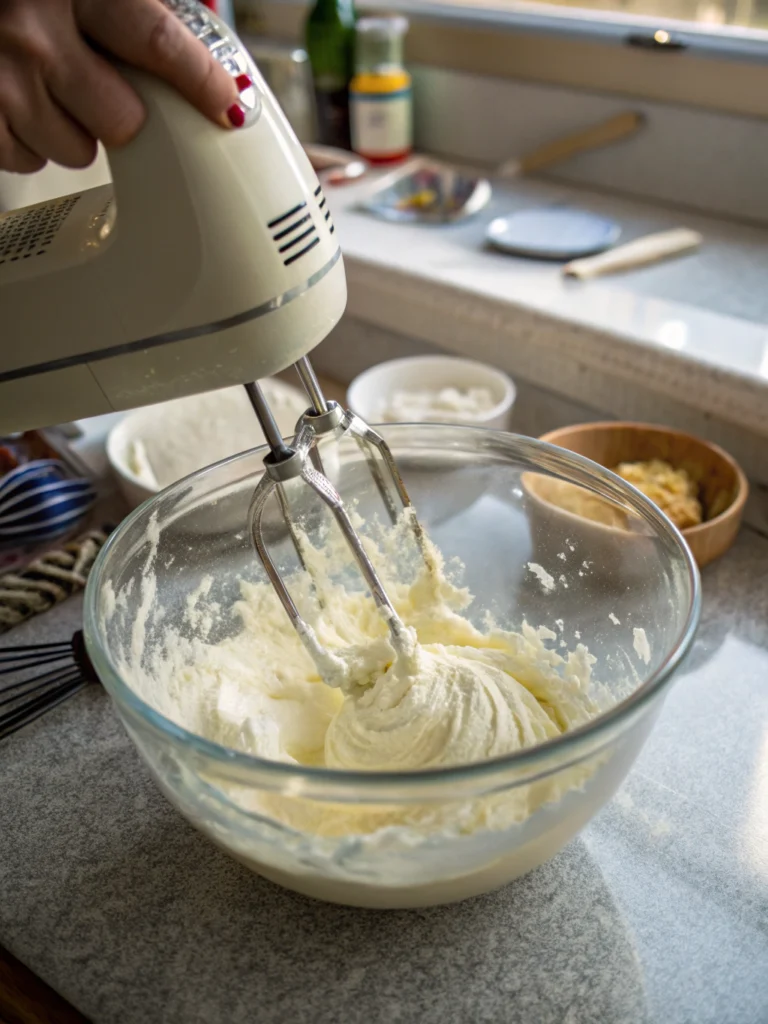 Hand mixer blending cream cheese and sour cream for Chicken Salad Chick grape salad recipe