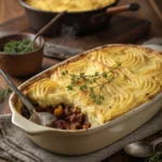 Golden cottage pie recipe beef serving 8 people with perfectly browned mashed potato topping in ceramic baking dish