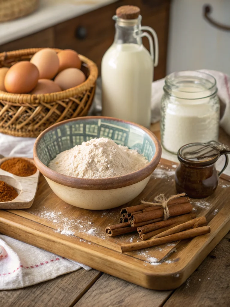 Flat lay of Amish cinnamon bread ingredients on vintage wooden cutting board: flour in ceramic bowl, brown sugar, eggs in basket, buttermilk in glass jar, cinnamon sticks, vanilla extract bottle, measuring cups, traditional farmhouse kitchen styling, natural lighting