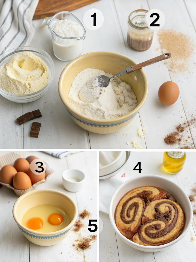 5-panel Amish cinnamon bread making guide from mixing to swirling, numbered steps showing traditional techniques, authentic farmhouse kitchen styling, ceramic bowls and wooden utensils, warm lighting, instructional layout design