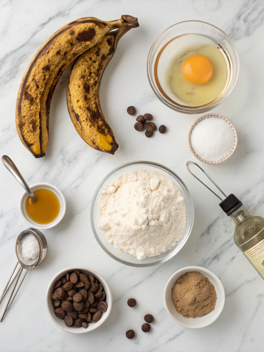 Baking ingredients flat lay: overripe bananas, flour, brown sugar, melted butter, egg, vanilla, cinnamon, chocolate chips arranged neatly on white marble, overhead shot, professional food photography