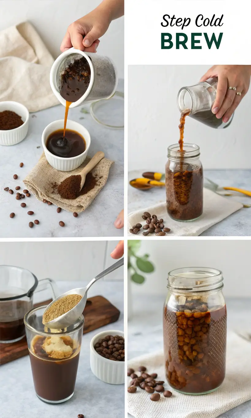 Hands pouring room temperature water over coarsely ground coffee in large mason jar, coffee grounds floating and swirling, action shot captured mid-pour, natural kitchen lighting, close-up detailed view, showing proper coffee-to-water ratio, instructional photography style.