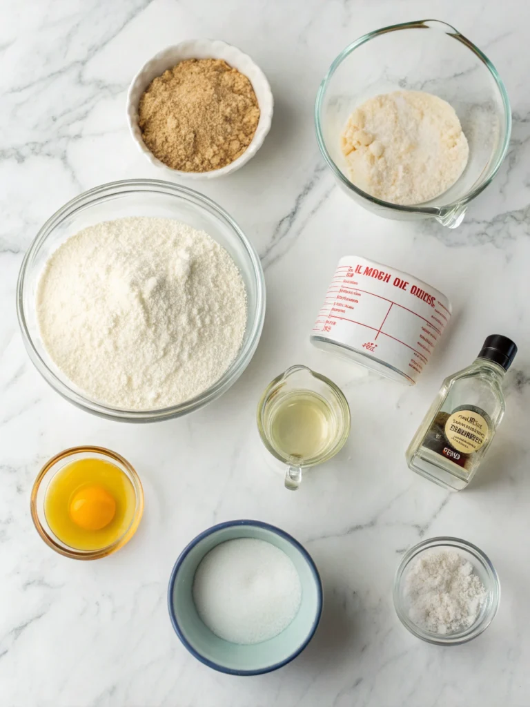 Baking ingredients for Cuban bread arranged neatly: flour in measuring cups, yeast packet, small bowls with salt and sugar, olive oil bottle, glass of warm water, egg white in ramekin, all on clean white surface, overhead shot, professional food photography