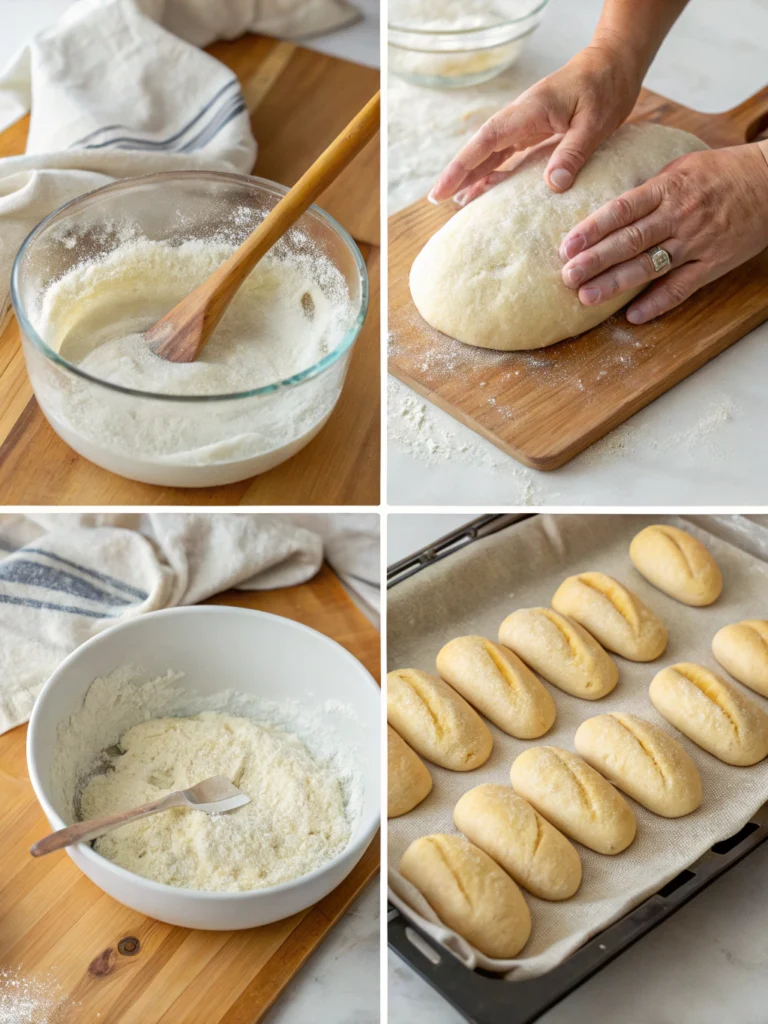 Kitchen counter scene showing Cuban bread preparation in progress: hands shaping oval dough into traditional loaf form on floured surface, mixing bowl with risen dough nearby, parchment-lined baking sheet ready, flour dusting, warm kitchen lighting, step-by-step bread making process