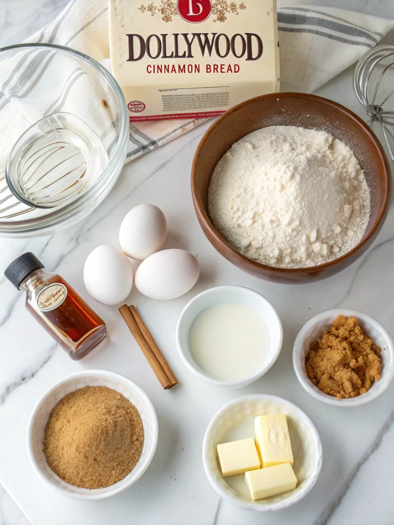 Flat lay of cinnamon bread ingredients on white marble: flour, milk, eggs, butter, sugars, cinnamon, yeast, vanilla - organized and labeled, clean styling