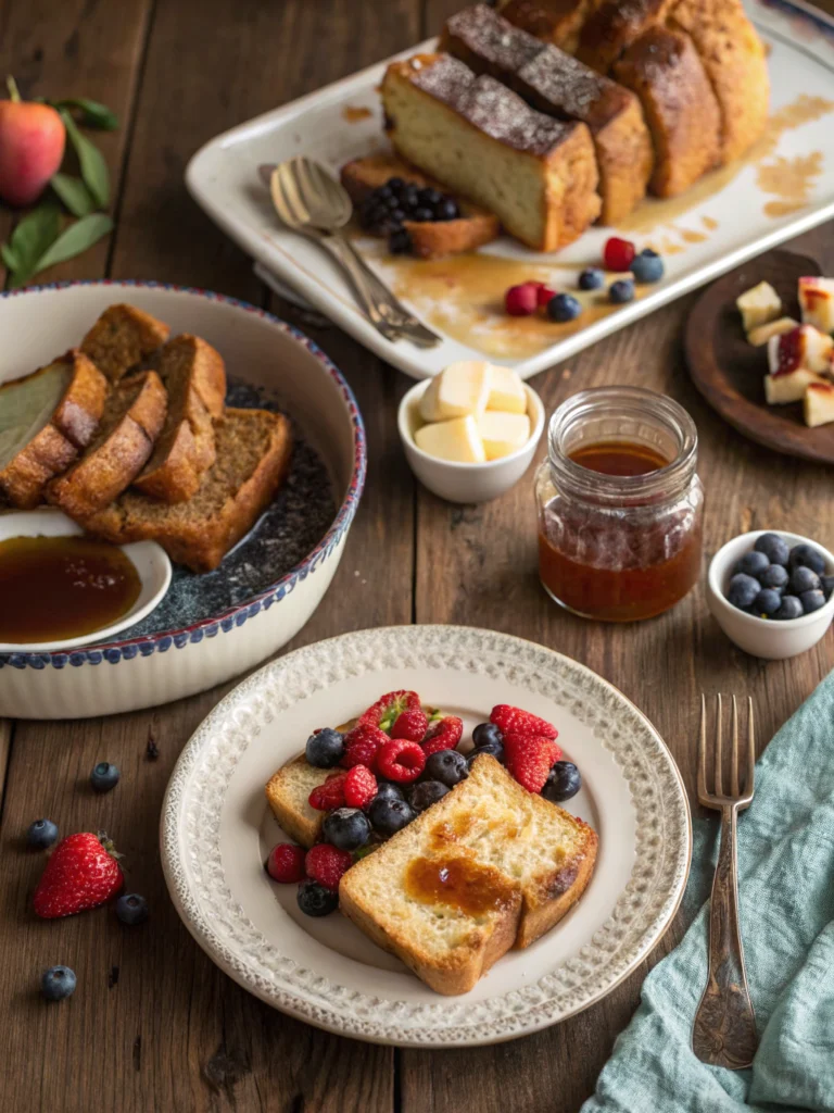 Cinnamon bread French toast with fresh berries, maple syrup