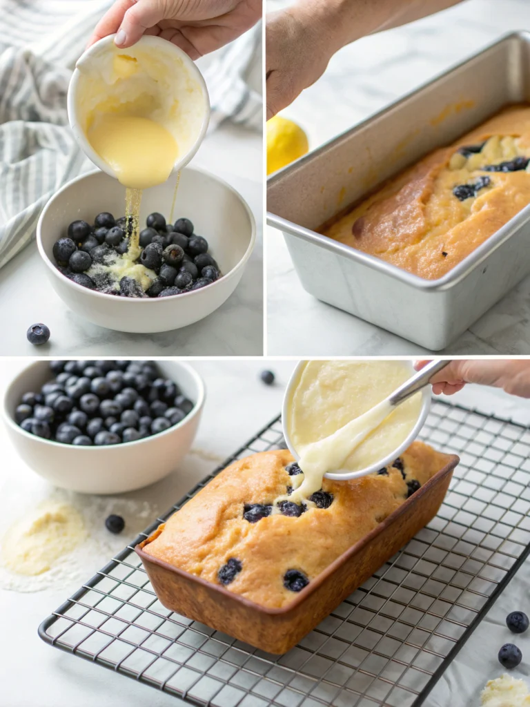 Hands gently folding flour-coated fresh blueberries into lemon bread batter in a large mixing bowl, showing the proper folding technique with a rubber spatula, batter has golden color with scattered purple berries, bright kitchen lighting
