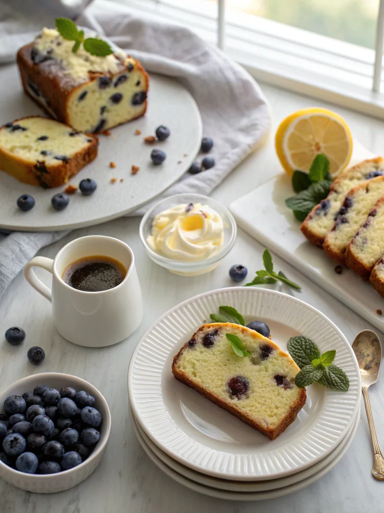 Warm slice of lemon blueberry bread on a rustic plate with butter melting on top, fresh berries scattered around, coffee mug in background, natural lighting, homey breakfast setting