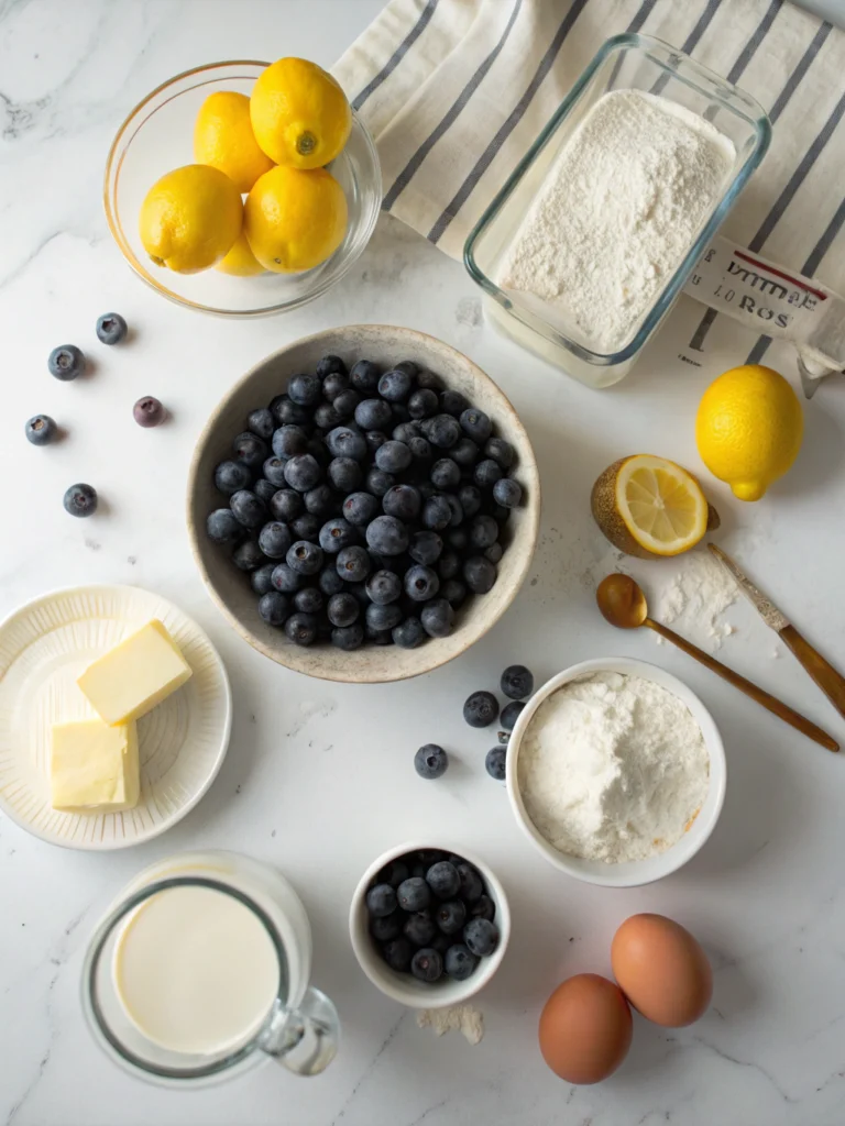 Flat lay of lemon blueberry bread ingredients on white marble: fresh blueberries in bowl, bright lemons, flour, sugar, butter, eggs, milk, vanilla extract, organized and well-lit