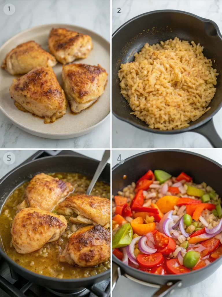 Five-step Arroz con Pollo cooking process showing searing chicken, making sofrito, toasting rice, and final assembly
