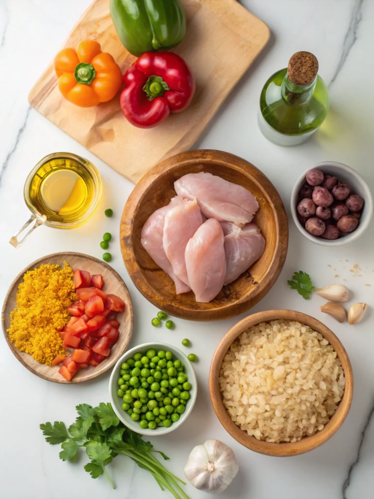 Complete Arroz con Pollo ingredients including chicken, Spanish rice, saffron, peppers and traditional seasonings
