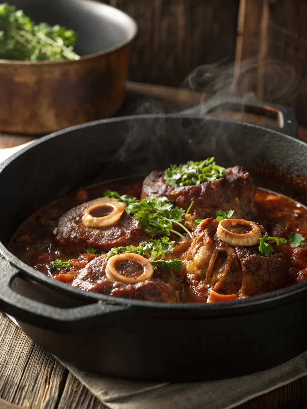 Authentic osso buco recipe with tender braised veal shanks in Dutch oven, showing bone marrow and rich sauce garnished with fresh gremolata