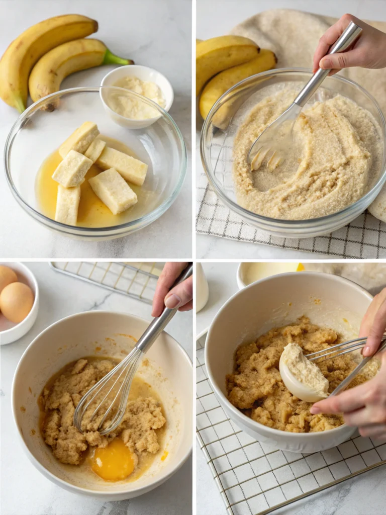 Kitchen counter scene showing banana bread cookie preparation in progress: mixing bowl with cookie dough, cookie scoop dropping dough onto parchment-lined baking sheet, some raw dough balls already placed, hands actively working, ingredients visible in background, warm kitchen lighting, step-by-step cooking process