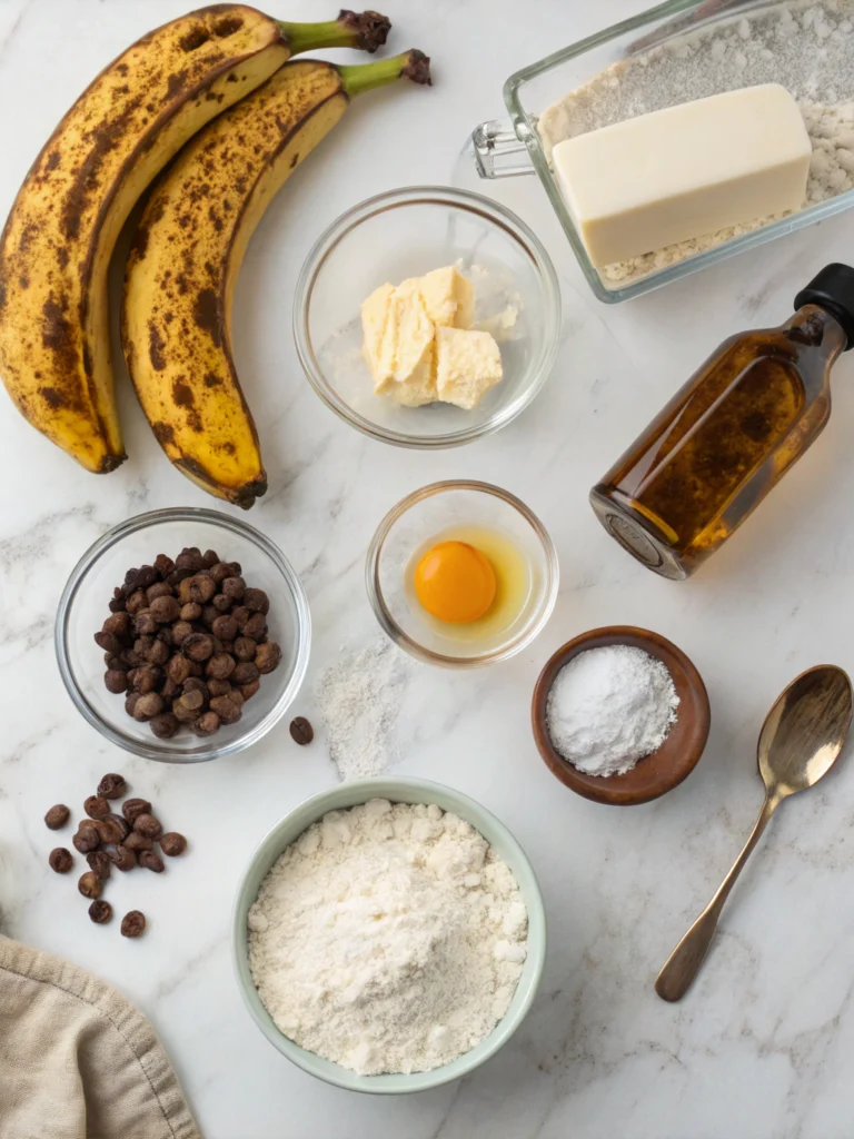 Banana bread baking ingredients arranged on marble countertop including overripe bananas, flour, chocolate chips, chopped walnuts, sugar, eggs, butter and spices for three recipe variations