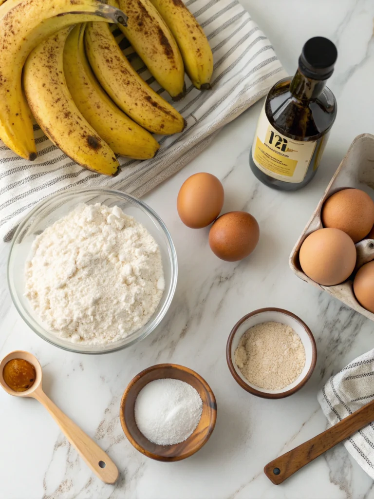 Top view of banana bread baking ingredients arranged on marble counter: ripe bananas, flour, eggs, vanilla extract, and mixing bowls