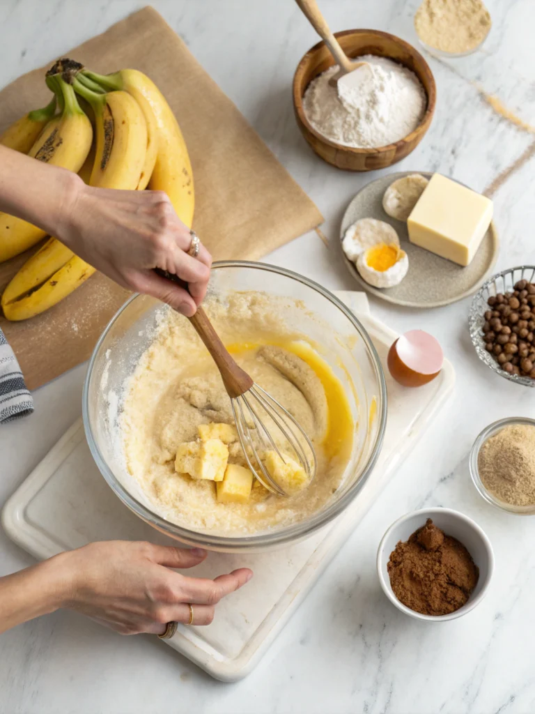 Step-by-step banana bread preparation showing hands mashing bananas, mixing batter, and proper folding technique for homemade baking