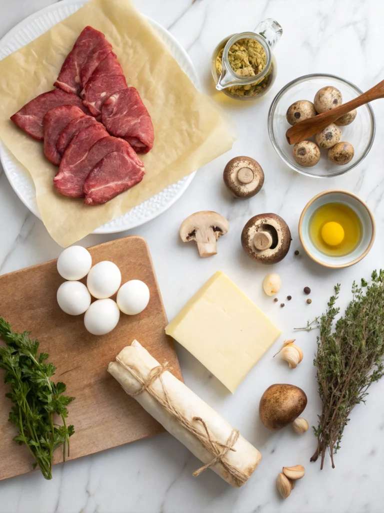 Flat lay of all Beef Wellington ingredients including beef tenderloin, mushrooms, prosciutto, puff pastry, and seasonings arranged on white marble surface