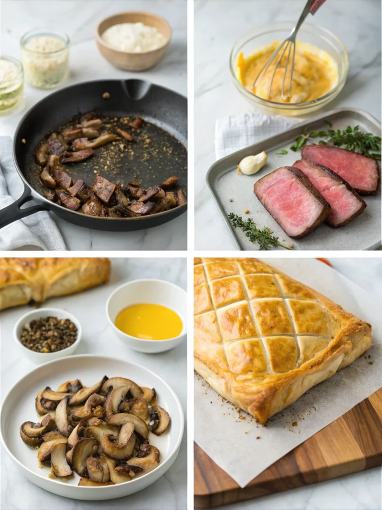 Six-panel step-by-step photo tutorial showing complete Beef Wellington preparation process from searing beef to final golden-baked result