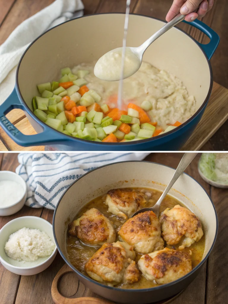 Step-by-step cooking process showing chicken and dumplings preparation in Dutch oven from searing chicken to adding dumpling batter