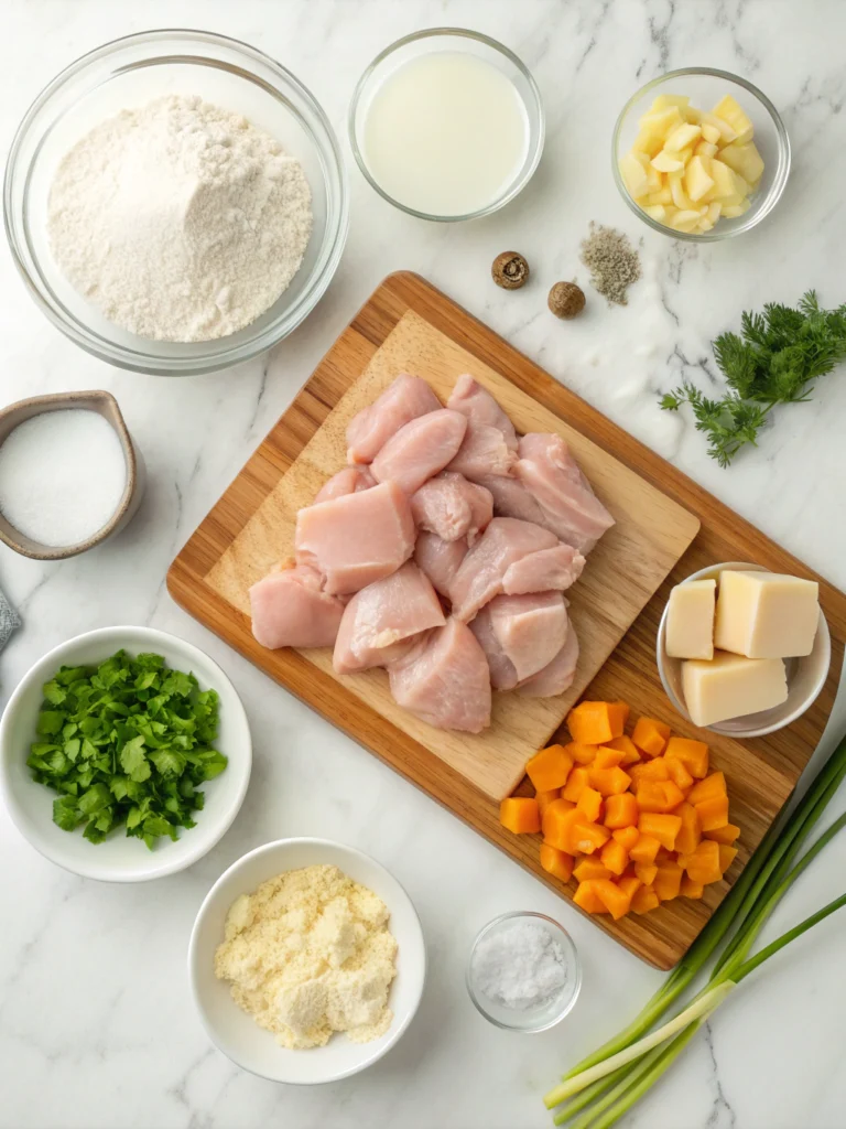 Fresh ingredients for chicken and dumplings recipe arranged on marble surface including raw chicken thighs, flour, vegetables, herbs, and spices