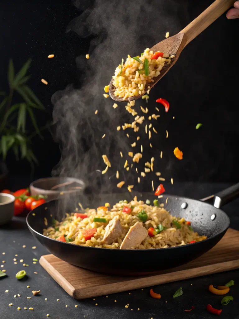 Chicken fried rice being stir-fried in hot wok showing proper cooking technique for 15-minute recipe