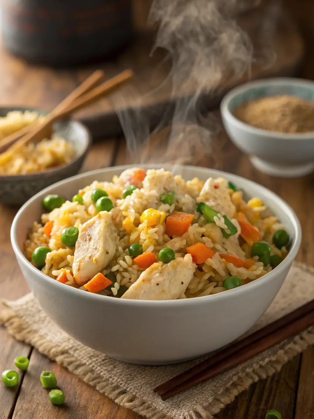 Delicious chicken fried rice recipe served in bowl with steam, garnished with scallions and sesame seeds