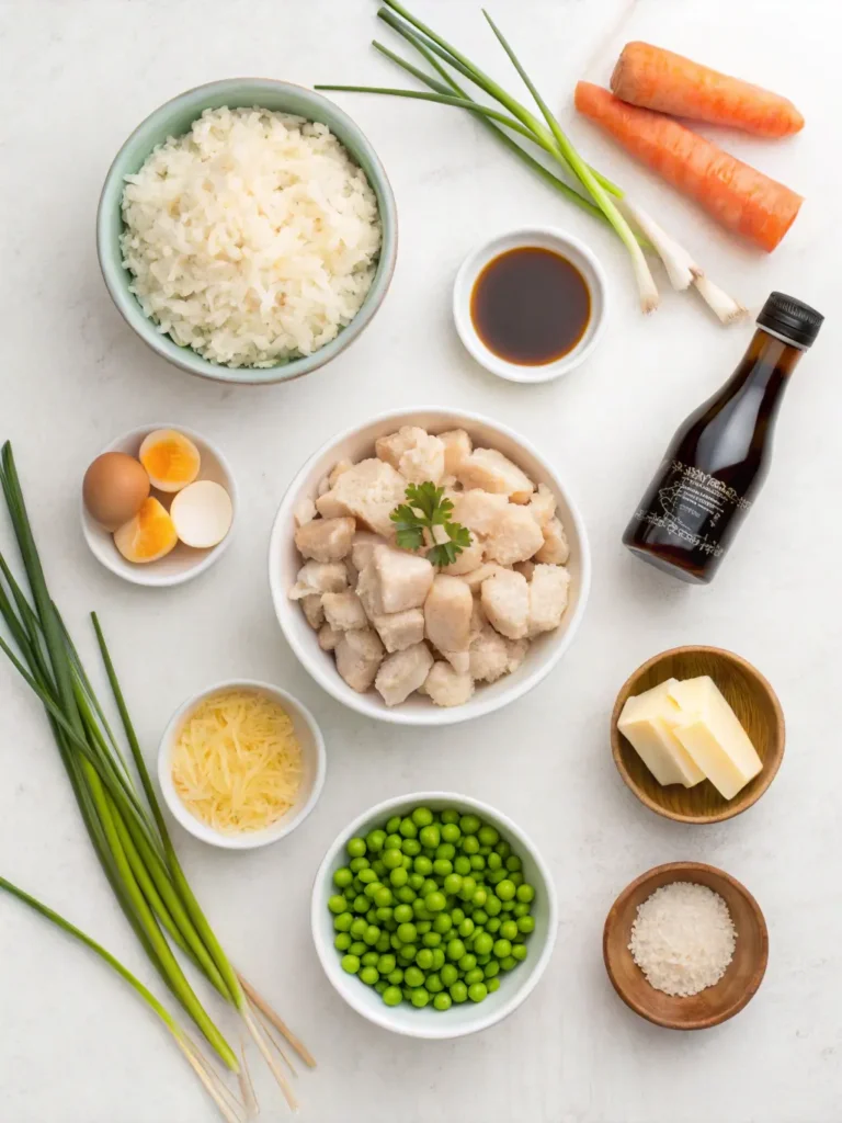 All ingredients needed for chicken fried rice recipe including day-old rice, chicken, eggs, and seasonings