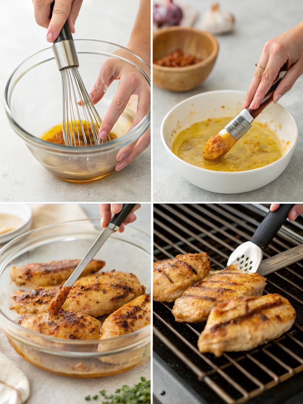Step-by-step chicken inasal cooking process showing marinating, grilling, and basting techniques for Filipino grilled chicken
