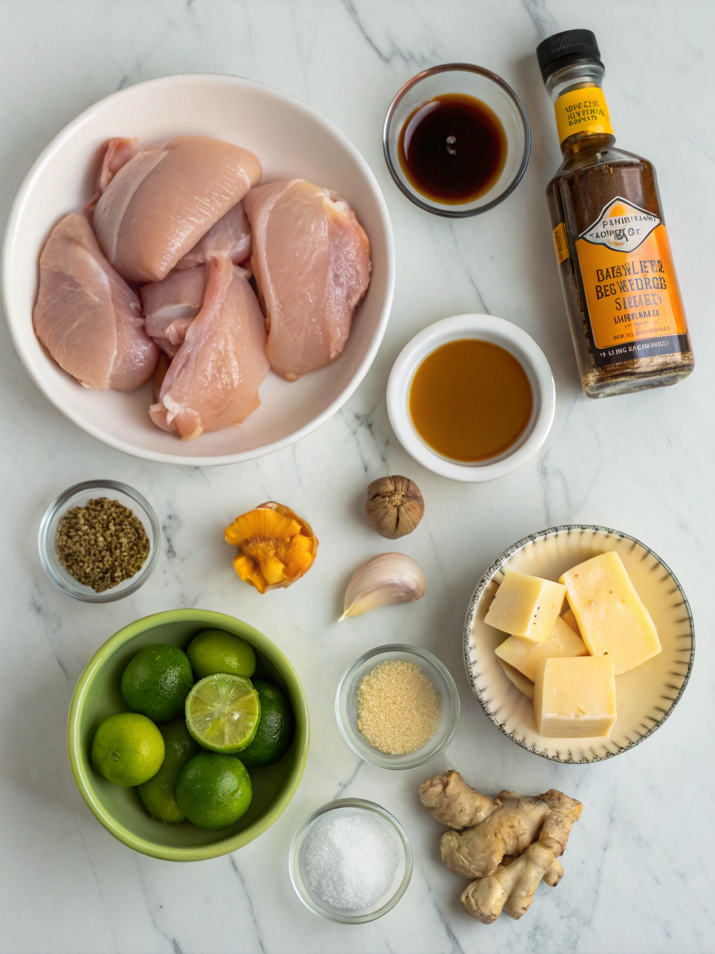 Chicken inasal recipe ingredients arranged on marble counter including raw chicken, calamansi, soy sauce, garlic, and annatto oil