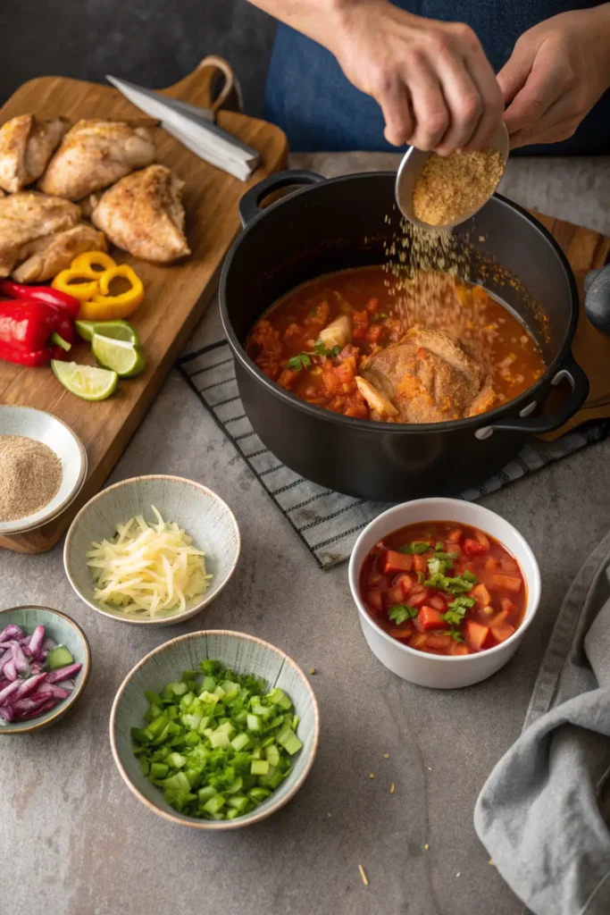 Step-by-step chicken tortilla soup preparation showing cooking process from raw ingredients to finished soup