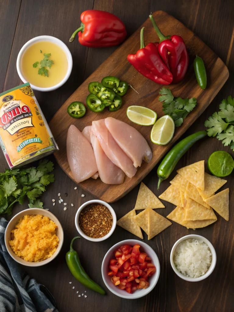 Fresh chicken tortilla soup ingredients laid out including chicken, vegetables, spices, and lime