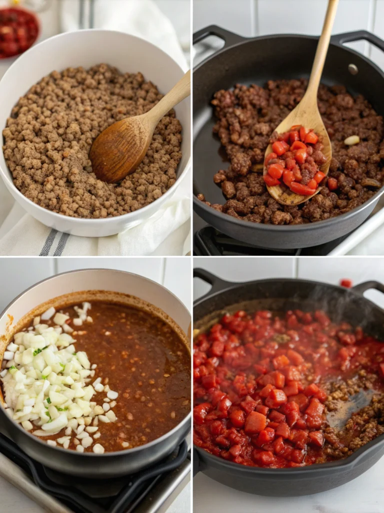 Four-step chili recipe cooking process showing browning meat, sautéing spices, simmering, and adding beans